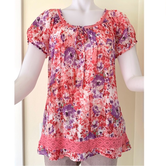 pink purple floral print cap short sleeve blouse with tassels - Picture 2 of 16